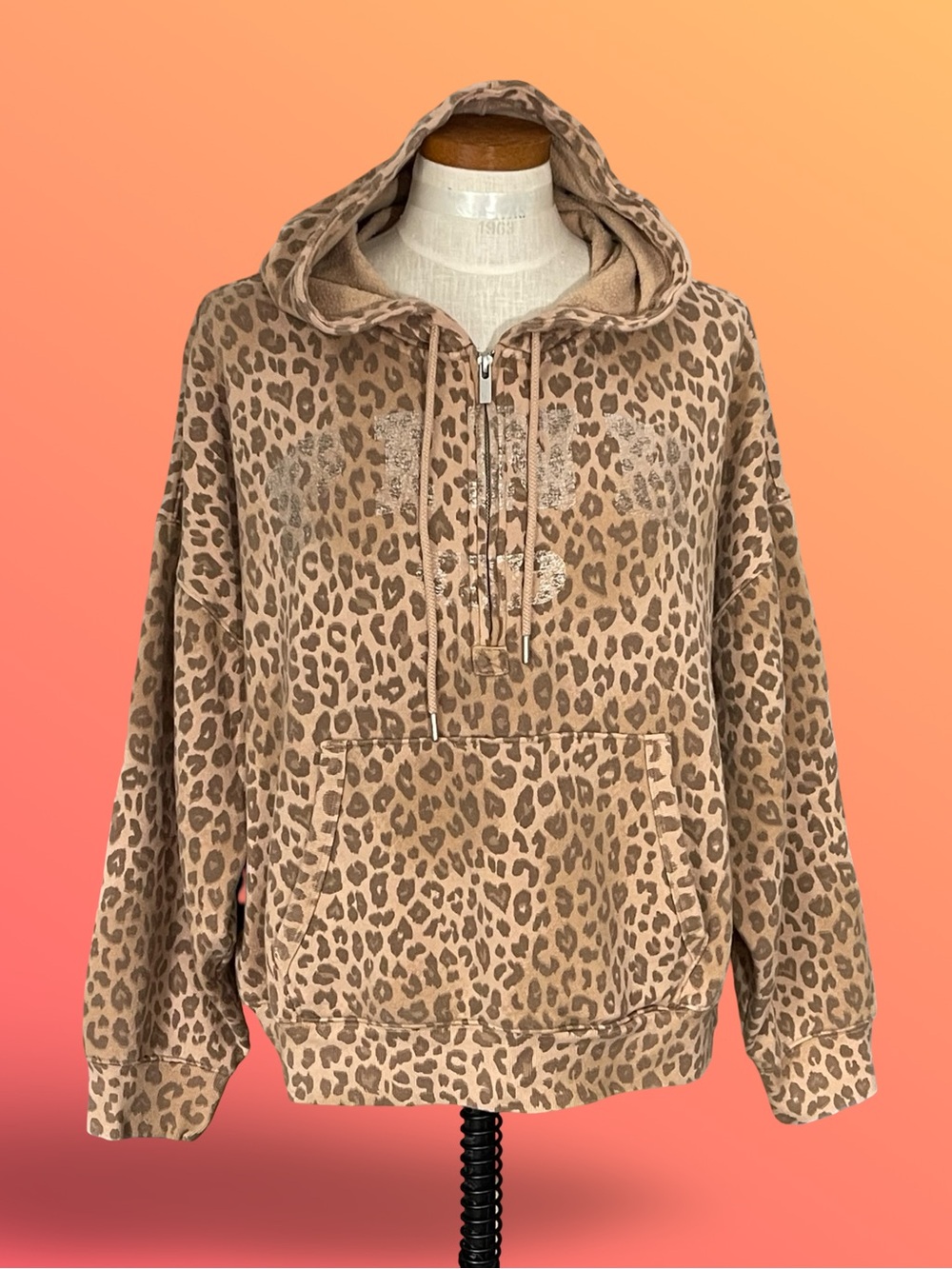 VS PINK Leopard Print Half Zip Long Sleeve Fleece Hoodie Shimmer Foil Logo SzXL